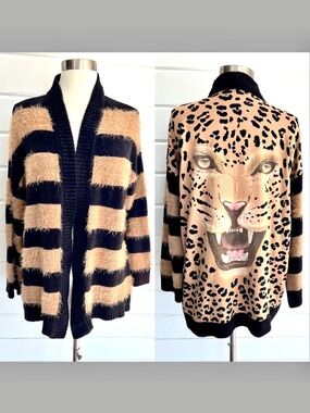 FARM RIO Striped Open Cardigan with Leopard Graphics - P